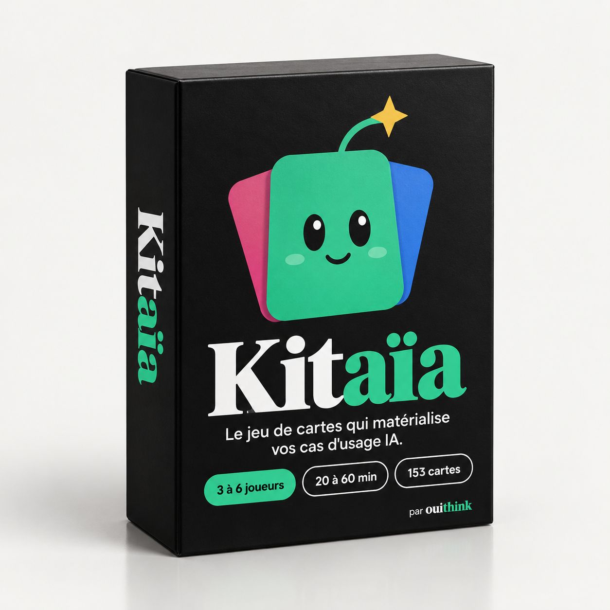 La boîte du jeu Kitaïa : fond noir, mascotte verte, 3 à 6 joueurs, 20 à 60 minutes, 153 cartes